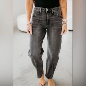 Flying Monkey Zola Barrel Jeans Faded Whiskering Gray High Rise Women 24